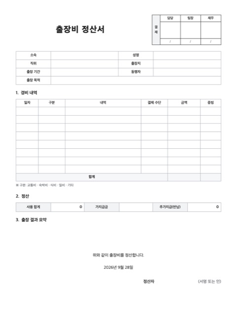 출장비 정산서 양식 미리보기